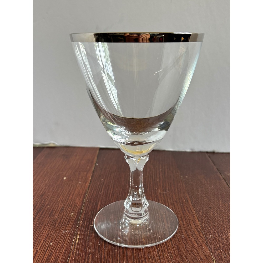 Fostoria Crystal Wine Glass Platinum Silver Rim Faceted Stem Vintage Drinkware